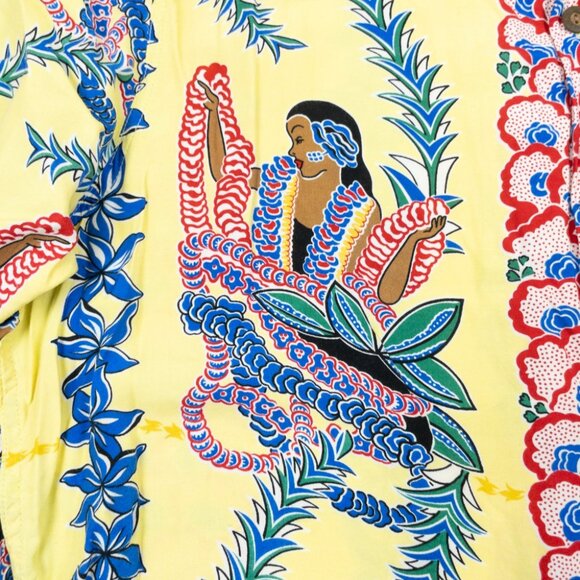 Kamehameha Hawaiian Shirt Lei Lady Mens XL Yellow Tropical Print Rayon USA Aloha - Picture 7 of 15